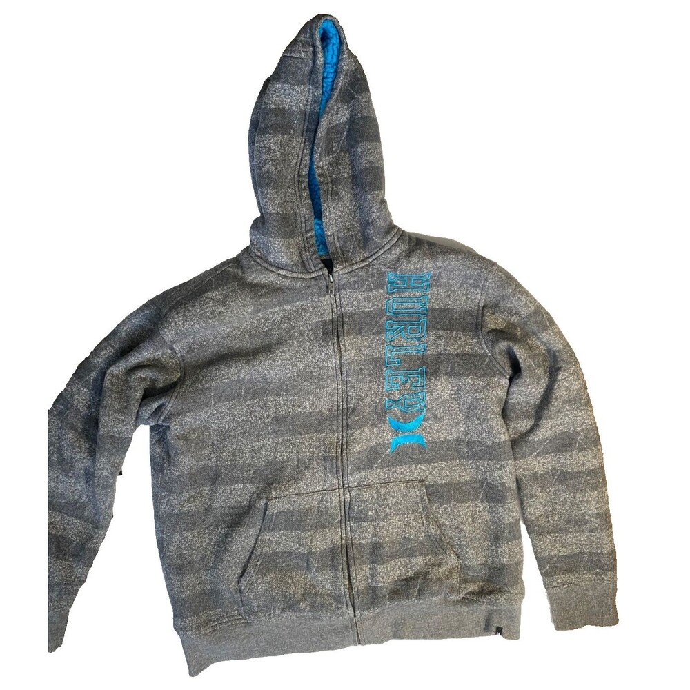 Hurley Y2K Boys Teen 18/20 XL Hooded Jacket Sherpa Gray Teal Warm Zip-Up Hoodie